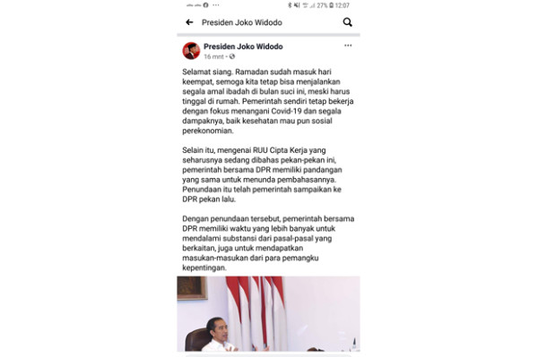Medsos Presiden Sempat Posting Tunda RUU Ciptaker, Anggota DPR Bingung