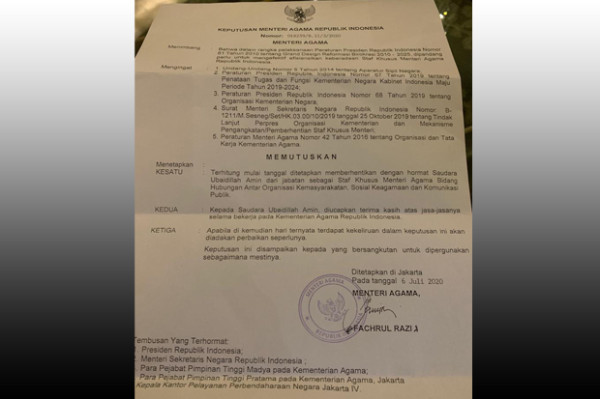 Menag Fachrul Razi Pecat Staf Khusus Ubaidillah Amin?