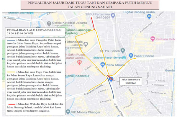 Malam Ini Underpass Senen Menuju Cempaka Putih Ditutup, Begini Pengalihan Arus
