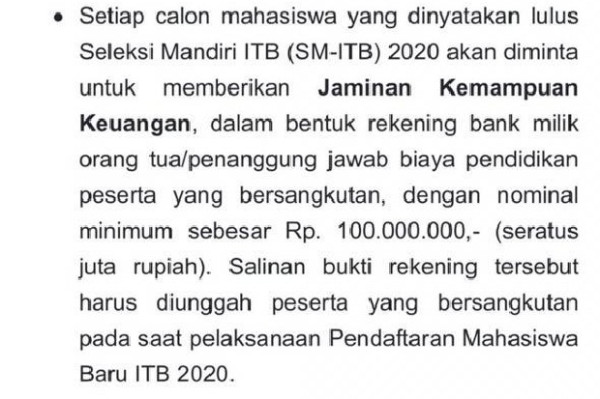 Mahasiswa Jalur SM ITB Harus Punya Saldo Rp100 Juta Viral di Medsos