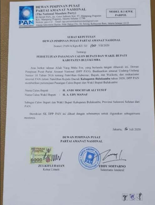 Andi Utta-Edy Manaf Dapat Rekomendasi PAN Maju di Pilkada Bulukumba 2020