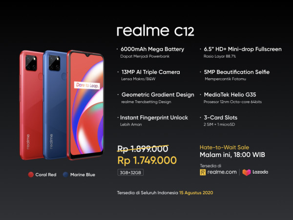 Realme C12 Bawa Standar Baru Entry-level dengan Pilihan Baterai 6.000mAh