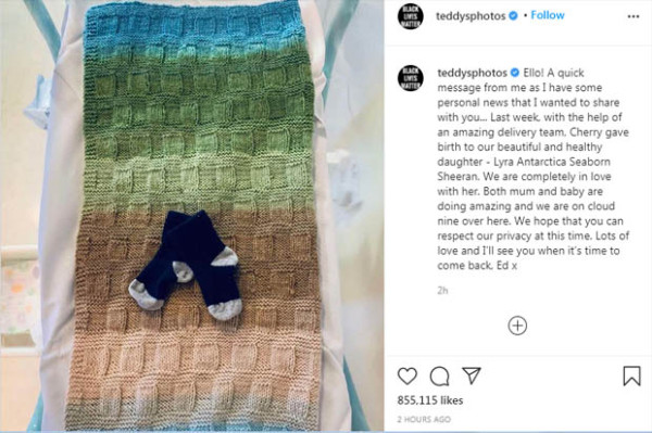 Ed Sheeran Dikaruniai Anak Perempuan Bernama Lyra Antartica