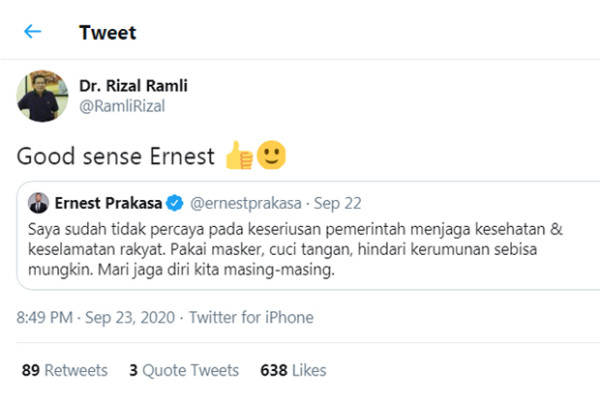 Ernest Prakasa Kecewa Pemerintah, Rizal Ramli Acungi Jempol