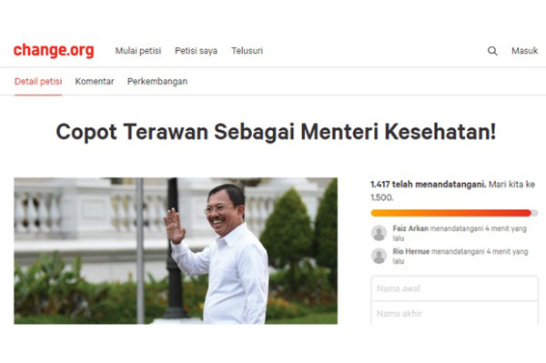 Petisi Copot Menkes Terawan Bergulir, 1.417 Netizen Nyatakan Setuju