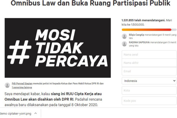 1,3 Juta Orang Teken Petisi Tolak Omnibus Law Cipta Kerja