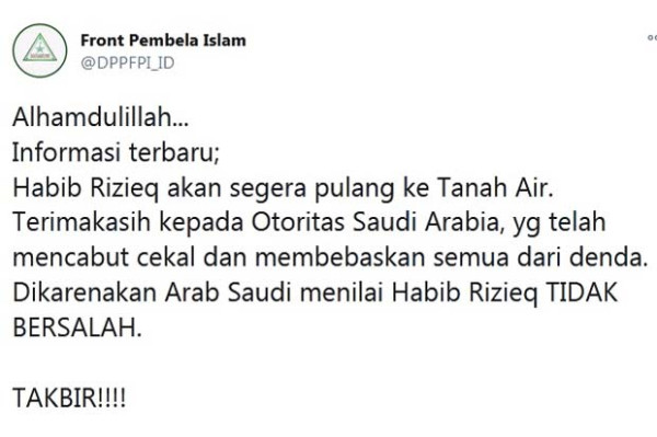 Saudi Cabut Cekal dan Bebas, Habib Rizieq Segera Pulang ke Tanah Air