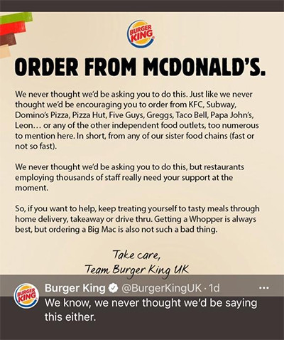 Aksi Solidaritas, Burger King Ajak Pelanggan Pesan Makanan di McDonald's