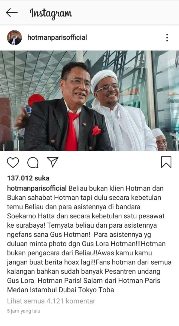 Hotman Paris Pamer Foto Bersama Habib Rizieq, Netizen: Abang Keren!