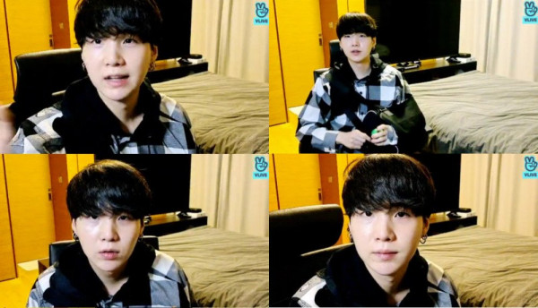 Suga BTS Muncul di V Live dengan Penyangga Bahu, Update Kesehatan dan Sebut Lagu Favorit dalam 'BE'