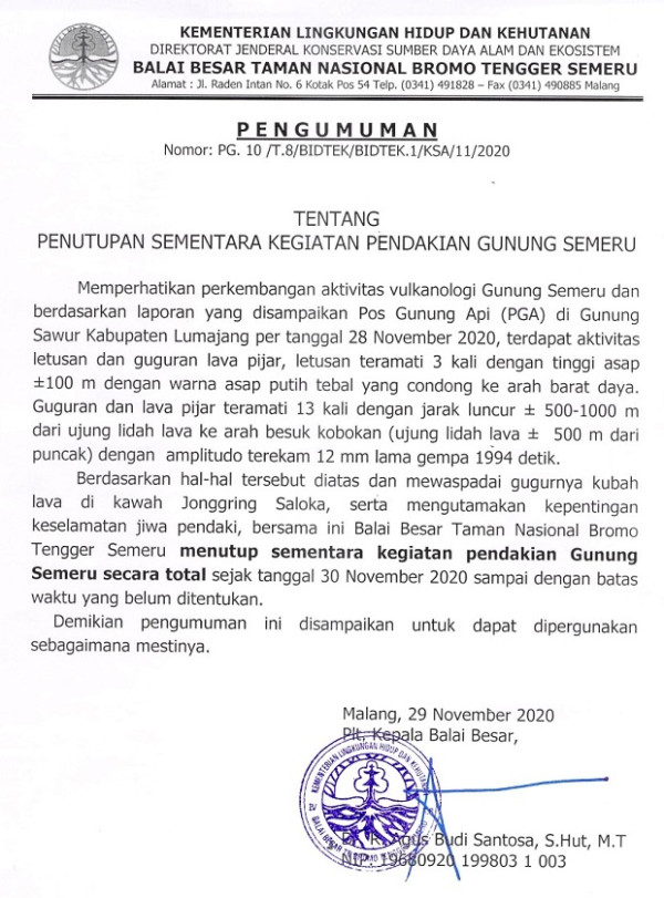 Ada guguran Lava Pijar Disertai Awan Panas, Pendakian Semeru Ditutup Total