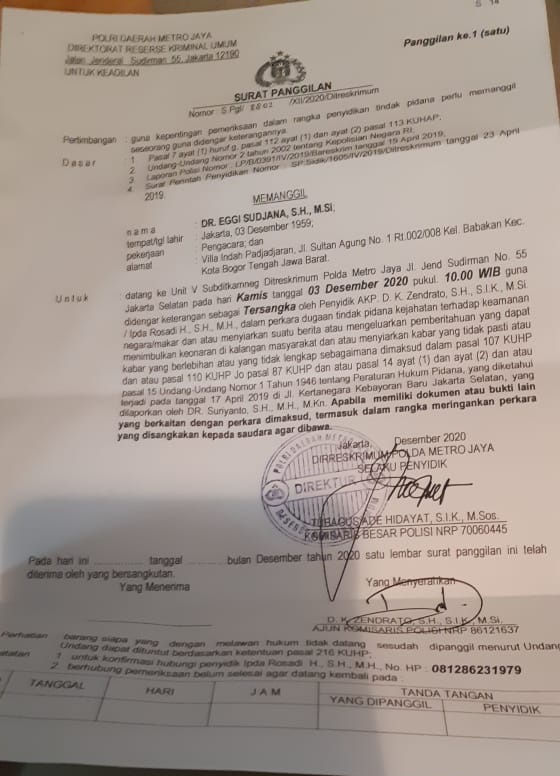 Tersangka Makar, Polda Metro Jaya Kembali Panggil Pengacara Eggi Sudjana