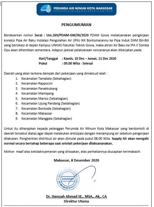 Suplai Air PDAM di 9 Kecamatan Kota Makassar Akan Berhenti 2 Hari