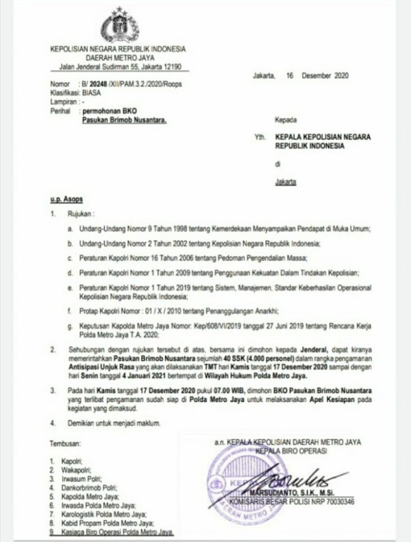 Jelang Aksi 1812, Beredar Surat Permintaan Polda Metro Jaya Datangkan Brimob Nusantara