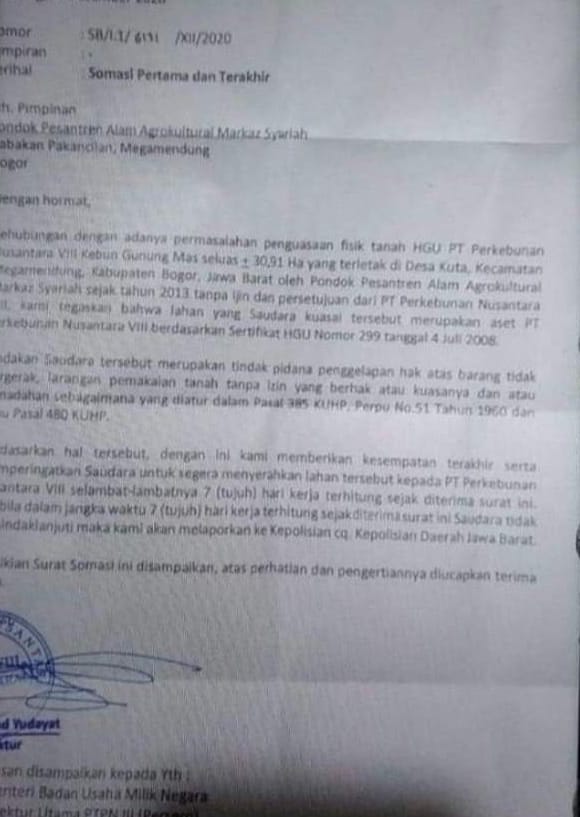 Beredar Surat dari PTPN VIII, Desak Ponpes Habib Rizieq di Megamendung Dikosongkan