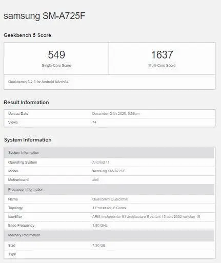Galaxy A72 4G dengan Snapdragon 720G dan Android 11 Nongol di GeekBench