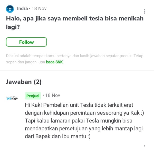 Kumpulan Pertanyaan Netizen Soal Tesla di Tokopedia yang Bikin Ngakak
