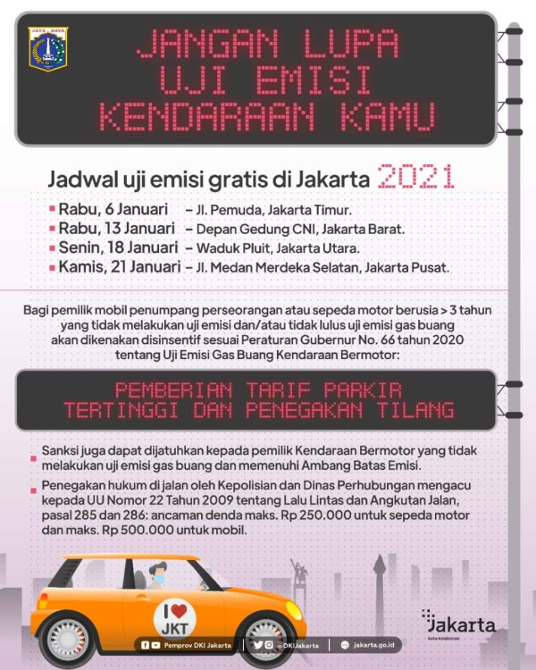 Kendaraan Berusia 3 Tahun Wajib Uji Emisi, Ini Jadwal Pengujian Gratis di Jakarta