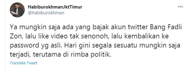 Soal Like Akun Porno, Habiburokhman Duga Twitter Fadli Zon Dibajak
