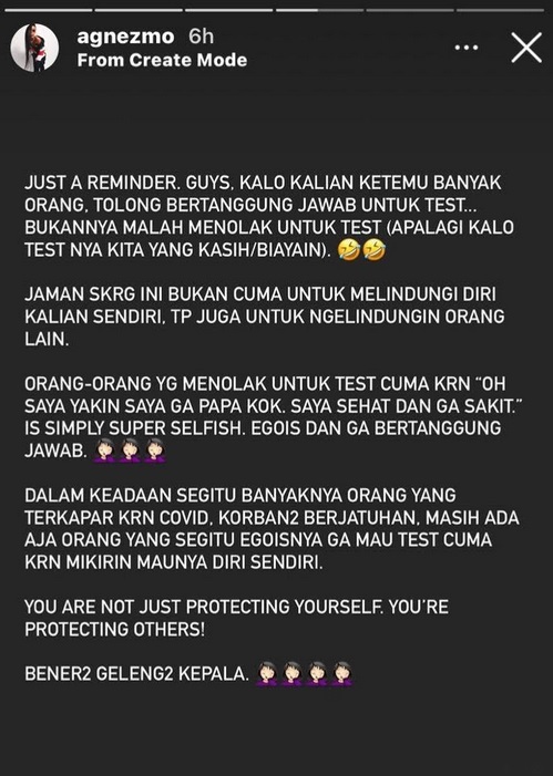 Agnez Mo Sindir Masyarakat yang Tolak Test COVID-19, Netizen: Dia Ngomong Test Bukan Vaksin