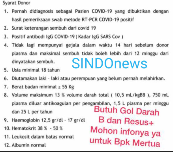 Vaksinasi Berjalan, Permintaan Darah Bekas Orang Terinfeksi COVID-19 Membeludak