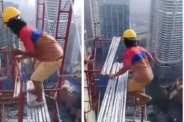 Gokil, Pekerja Gedung Pencakar Langit Pasang Perancah Tanpa Sabuk dan Jaring Pengaman