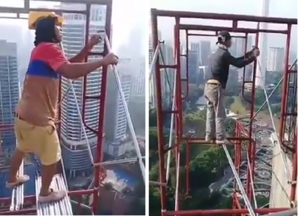 Gokil, Pekerja Gedung Pencakar Langit Pasang Perancah Tanpa Sabuk dan Jaring Pengaman