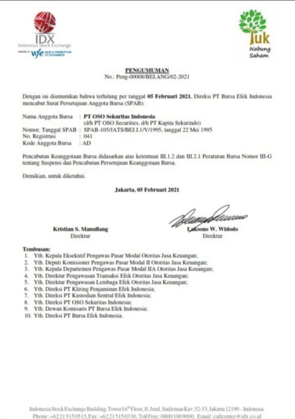 Intip Penampakan Surat Resmi BEI Tendang OSO Sekuritas dari Bursa
