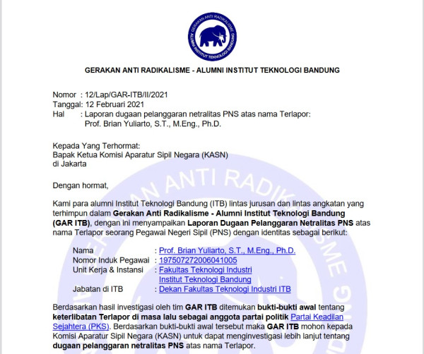 Usai Din Syamsuddin, Kini GAR ITB Laporkan Dekan Fakultas Teknologi Industri ke KASN