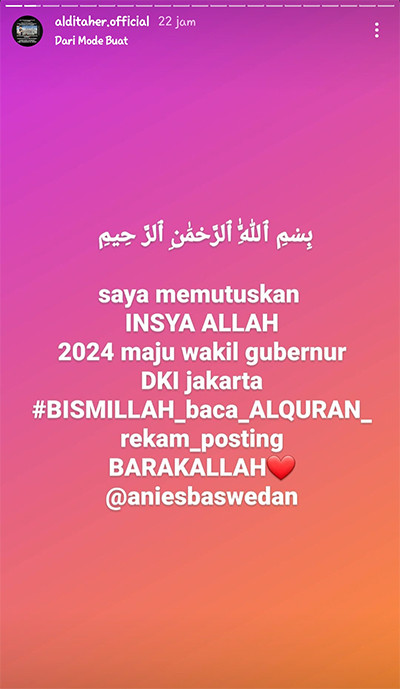 Aldi Taher Calonkan Diri Jadi Wagub DKI Jakarta, Netizen Doakan Cepat Waras