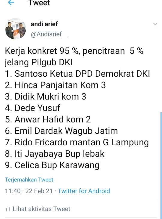 Kembali Pamer 9 Jagoan Demokrat di Pilkada DKI, Andi Arief: Kerja Konkret 95%, Pencitraan 5%