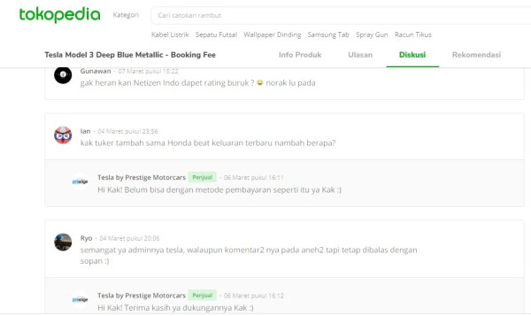 Edan, Pertanyaan Konyol ke Tesla di Tokopedia Capai Ribuan
