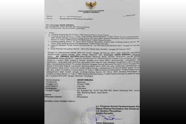 Diduga Sprindik KPK Bocor, Bupati Bandung Barat Aa Umbara Tersangka?