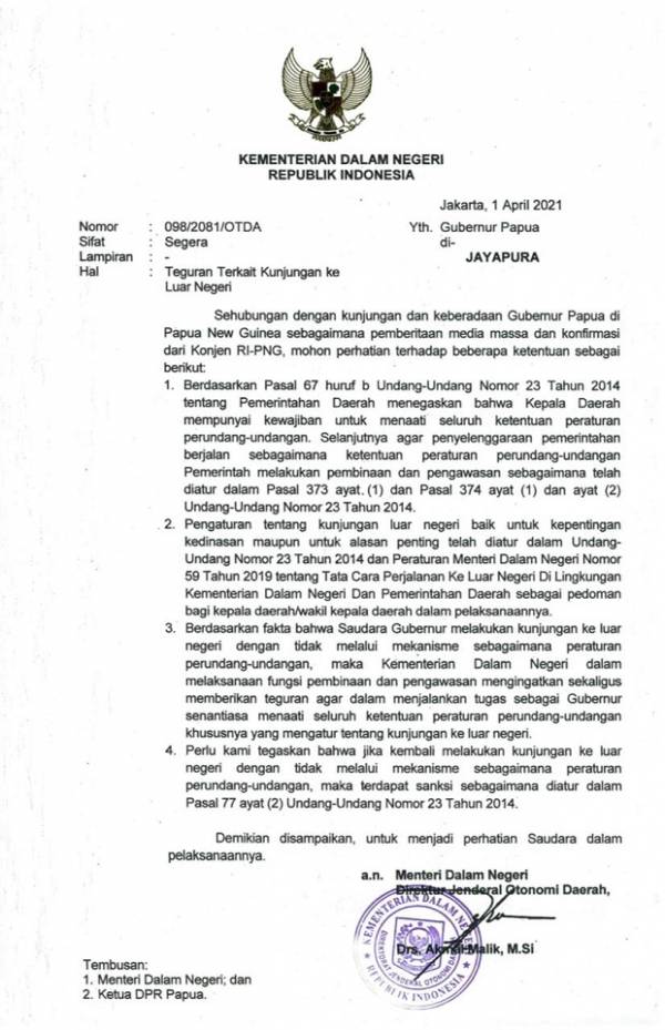 Usai Diusir dari PNG! Gubernur Papua Lukas Enembe Terancam Diberhentikan, Ini Surat Teguran Mendagri