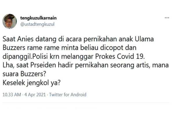 Soal Kerumunan Habib Rizieq, Anies dan Artis, Ustaz Tengku: Buzzer Keselek Jengkol Ya?