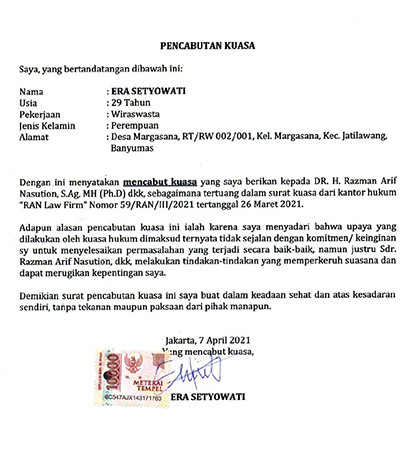 Era Setyowati Umumkan Razman Arif Nasution Bukan Lagi Kuasa Hukumnya