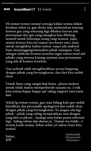 Sebut Suara Siti Badriah Terjelek Bersama Lesti Kejora, Boy William Minta Maaf