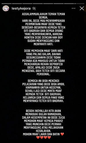 Sebut Suara Terjelek, Lesti Kejora Minta Maaf pada Siti Badriah