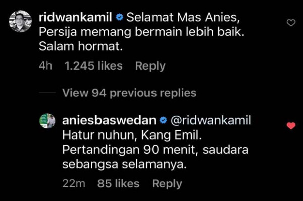 Akui Kemenangan Persija, Anies- Ridwan Kamil 'Saudara Sebangsa Selamanya'