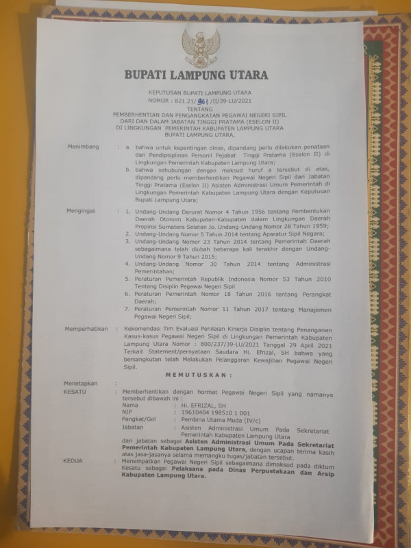 Kritik Bupati dan Sekda, Asisten III Pemkab Lampung Utara Diberhentikan dan Disomasi