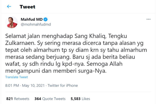 Postingan Mahfud MD Mengenang Kepergian Ustaz Tengku Banjir Kritikan