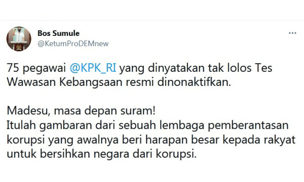 75 Pegawai Dinonaktifkan, Ketua Prodem: Masa Depan KPK Suram