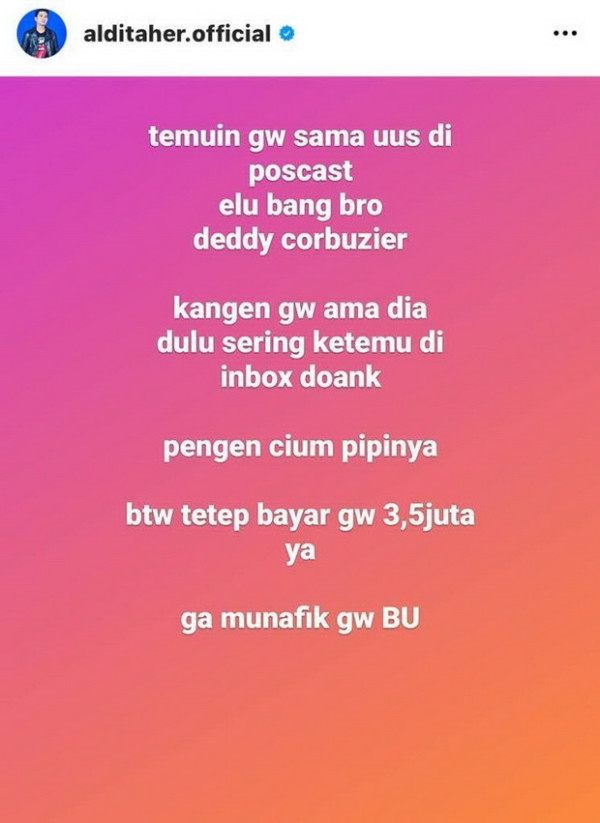 Tanggapi Pengakuan Uus, Aldi Taher Minta Diundang Deddy Corbuizer dengan Bayaran Rp3,5 Juta