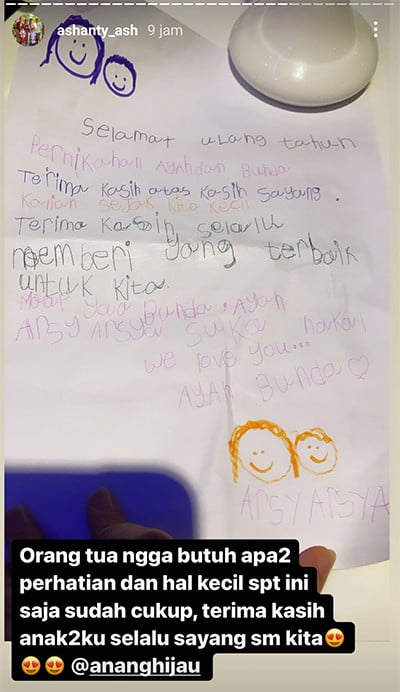 Rayakan Anniversary Pernikahan, Anang-Ashanty Dapat Surat Cinta dari Arsy dan Arsya