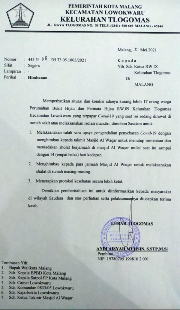 Diduga Klaster Salat Tarawih, 17 Jamaah Masjid Al Waqar di Kota Malang Positif COVID-19