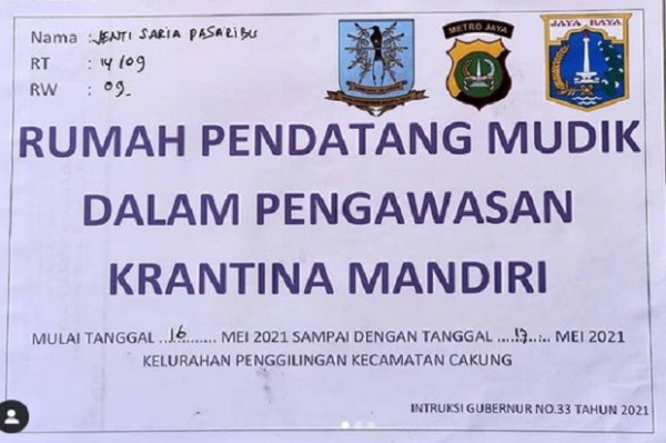 Rumah Pemudik yang Kembali ke Jakarta Akan Ditempel Stiker, Begini Bentuknya