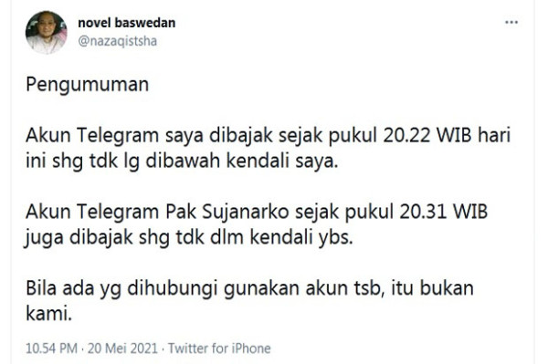 Tiba-tiba Akun Telegram Penyidik KPK Novel Baswedan di-Hack, Ada Apa?