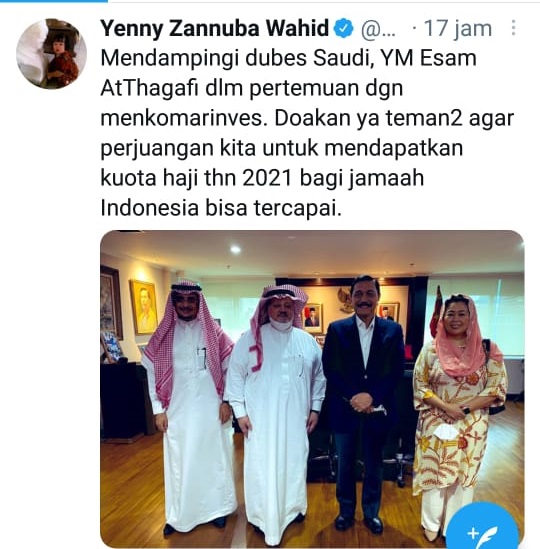 Bertemu Dubes Arab Saudi, Menko Luhut Bersama Yenny Wahid Upayakan Kuota Haji 2021