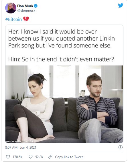 Bitcoin Ambruk Lagi Usai Elon Musk Ngetweet Meme Perpisahan dan Emoji Patah Hati