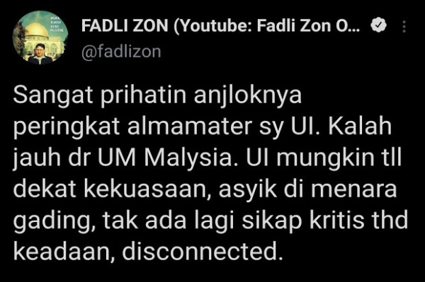 Miris, Peringkat UI Tertinggal Jauh dari PT Malaysia, Fadli Zon: Sangat Prihatin